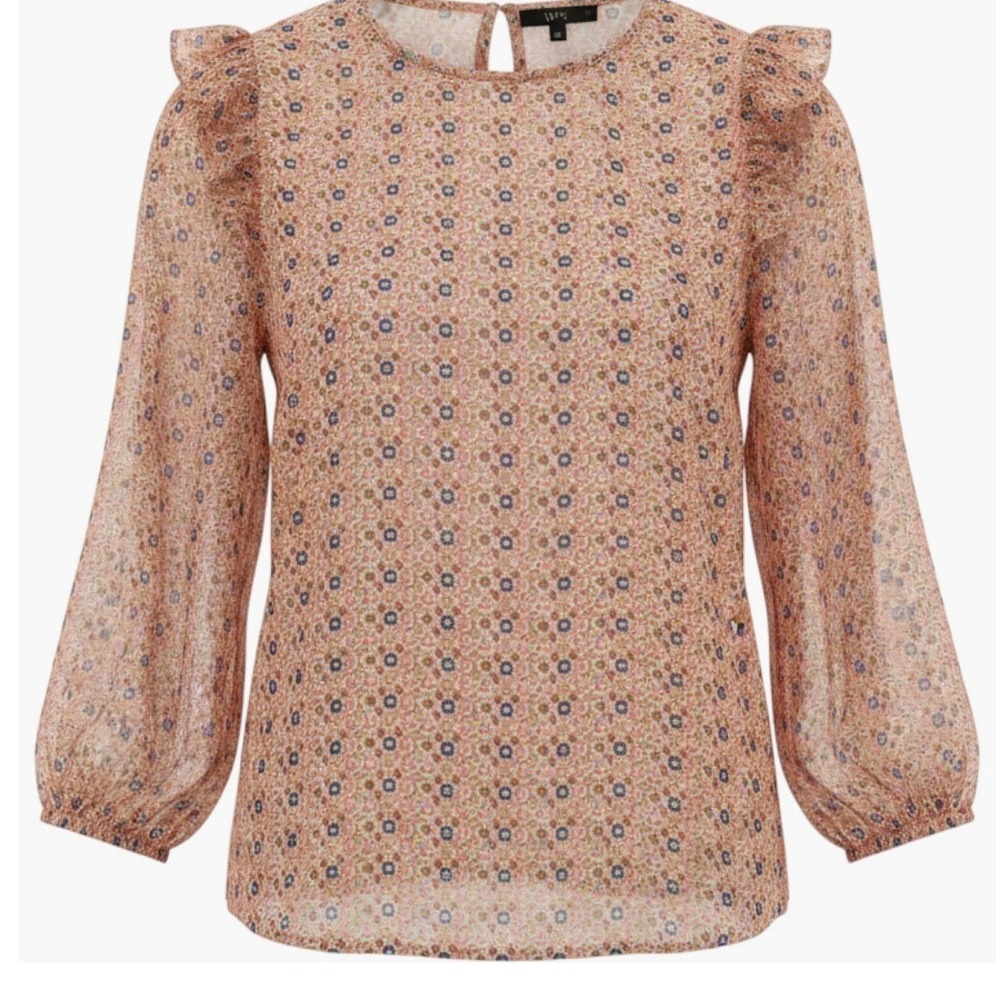 W5 Geometric Ruffle Shoulder Balloon Sleeve Blouse Womens S Peach Blue Foral